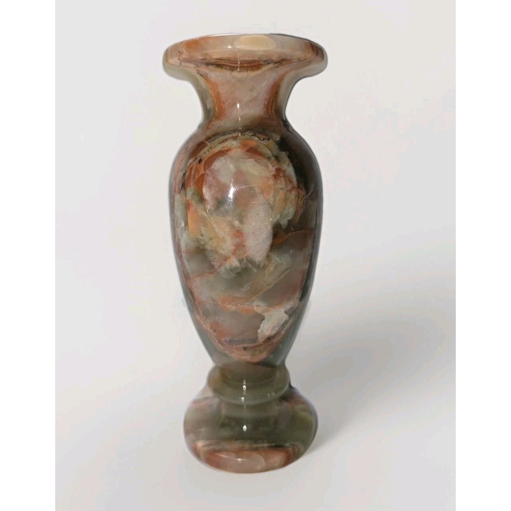 Vintage MCM Heavy Green Peach‎ Onyx Vase Baluster Shape Banded Swirl Markings